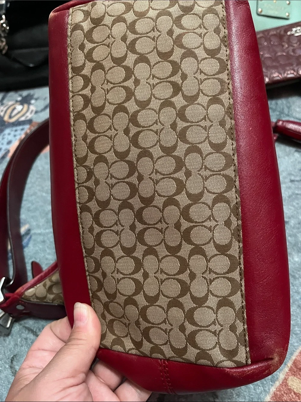 Coach Brown Signature Hobo Bag with Red Leather Trim